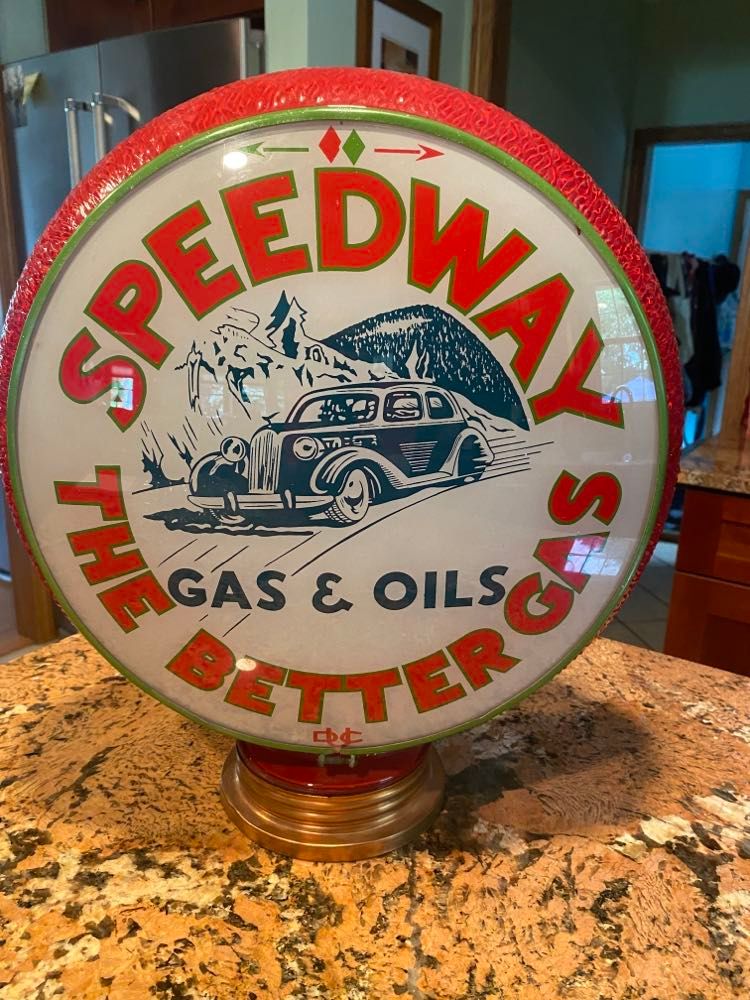 Speedway gas globe The Better Gas Gas & Oils Red and White and Dark Blue
